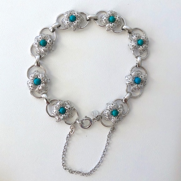 Vintage Sterling and Turquoise Filigree Bracelet - Picture 1 of 1